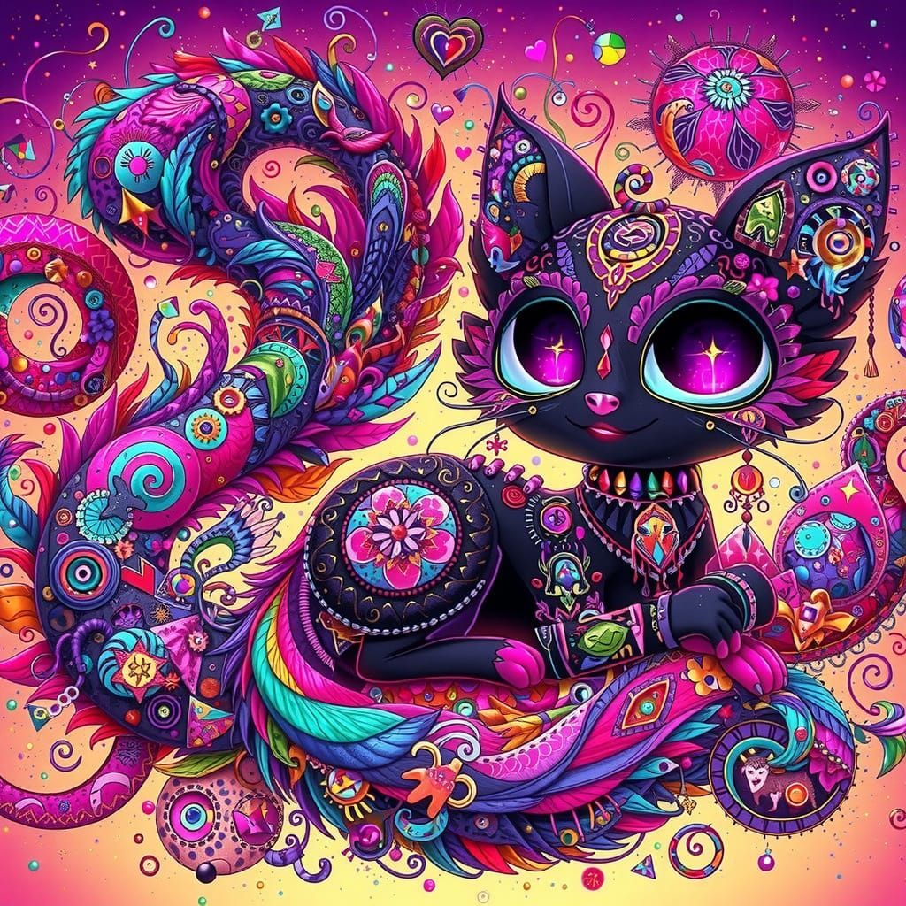 Goth Quetzalcoatl Cat Woman in Vibrant Cutecore Style