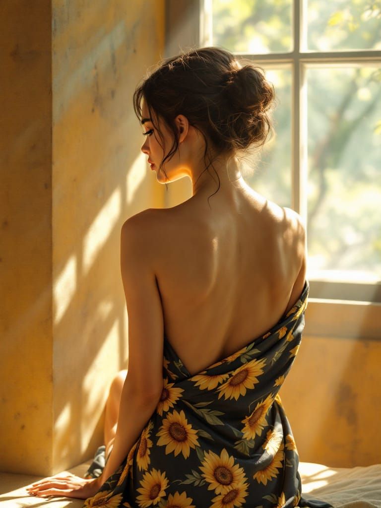 Solarpunk Pin-Up: Woman in Sunlit Room with Sunflowers