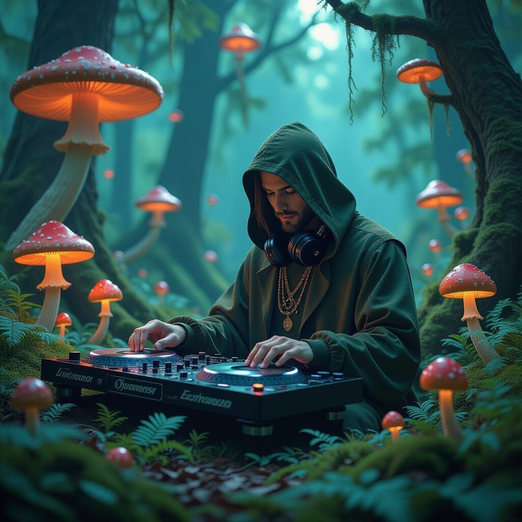 Psychedelic Forest DJ in a Dark Fantasy Style