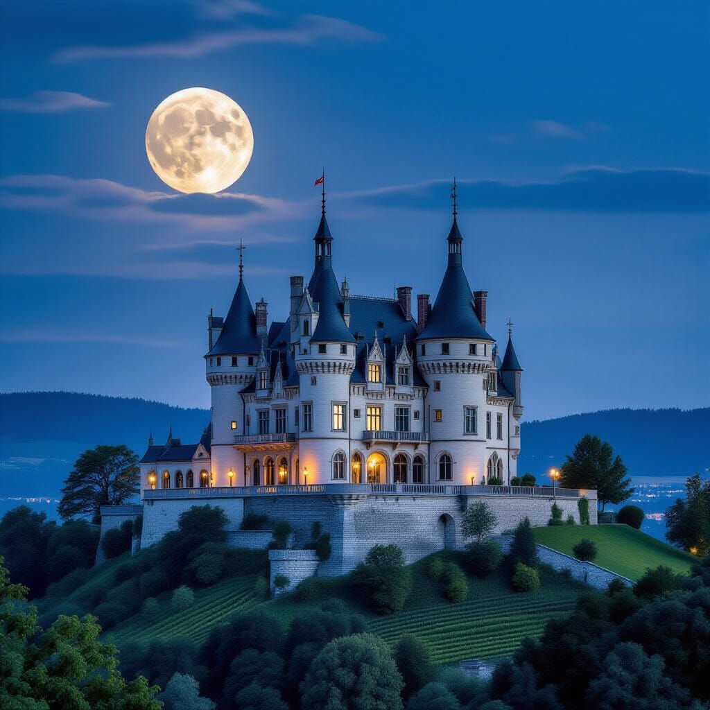 Gothic Castle on Verdant Hill Under Moonlight