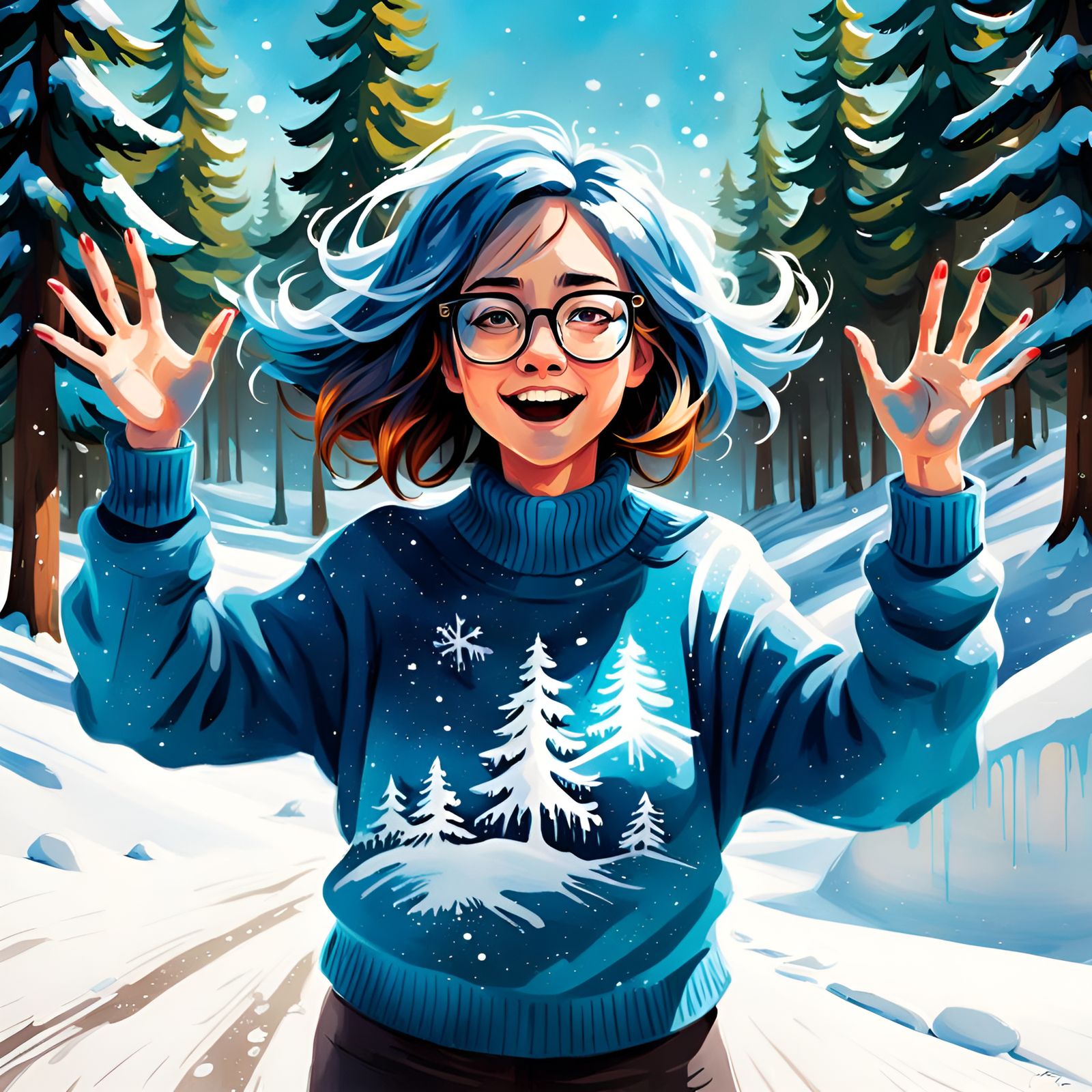 Charming Girl Embracing Snowy World, Graffiti Art