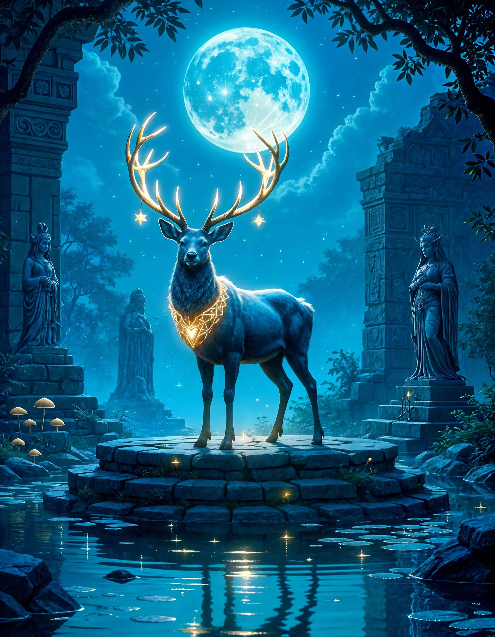 Mystical Deer in Moonlit Ruins: Fantasy Art