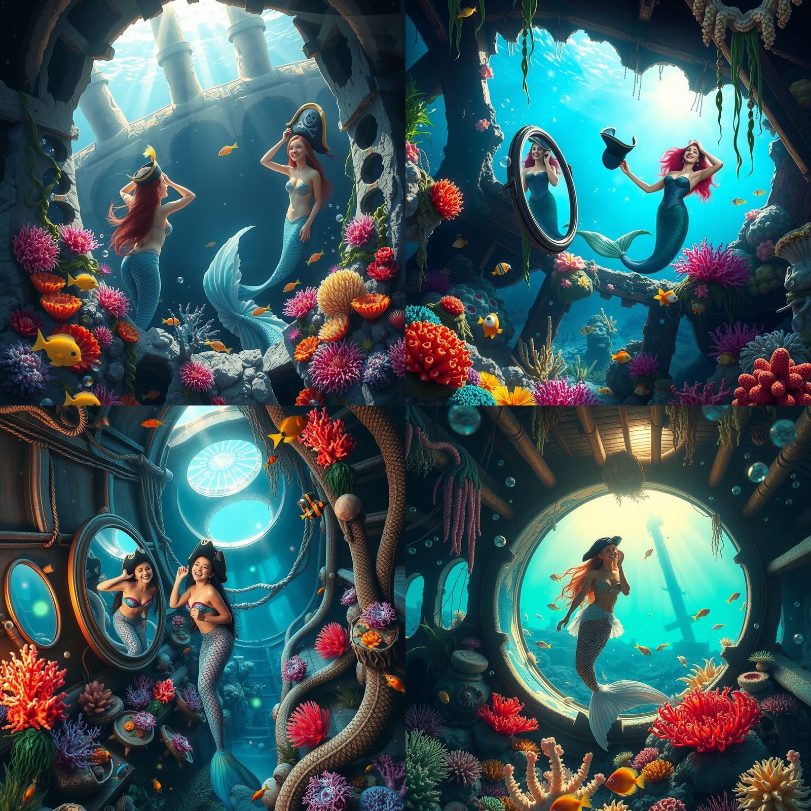 Mermaid's Joyful Reflection in Sunken Shipwreck