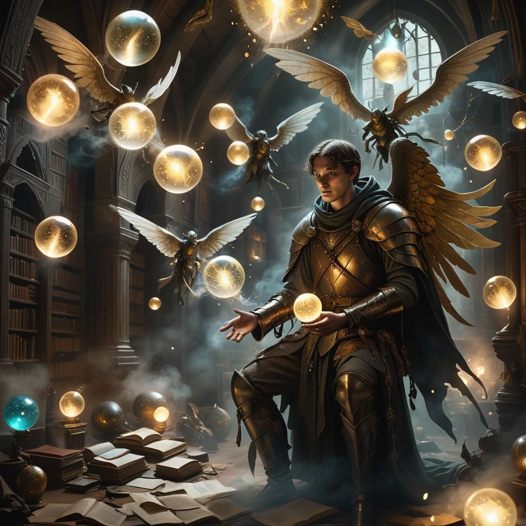 Heroic Adventurer in Mystical Room with Glowing Orbs