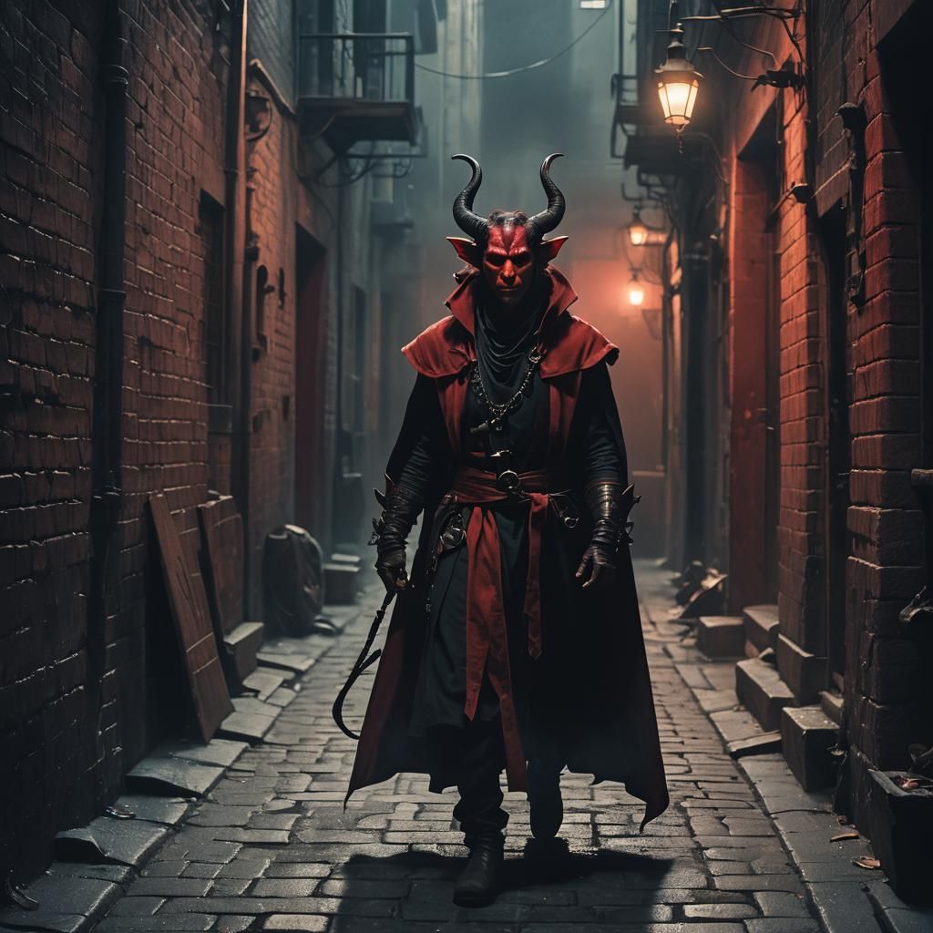 Mystical Tiefling in Smoky Alleyway: Cinematic Film Still