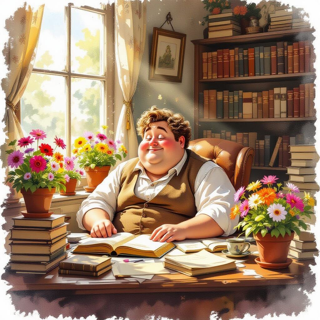 Cozy Nostalgia Watercolor Painting of Man at Desk