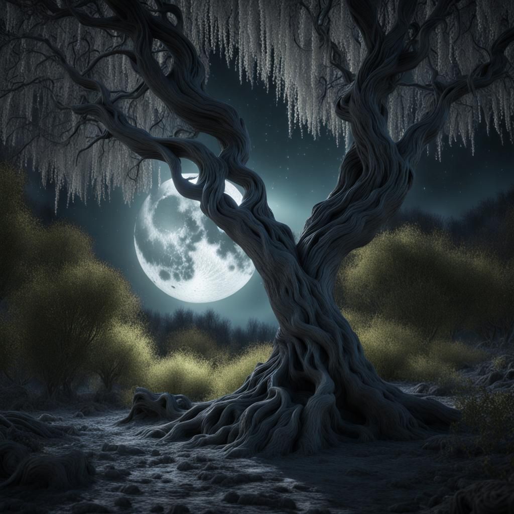 Moonlit Whispering Willow Forest: Detailed CGI Masterpiece