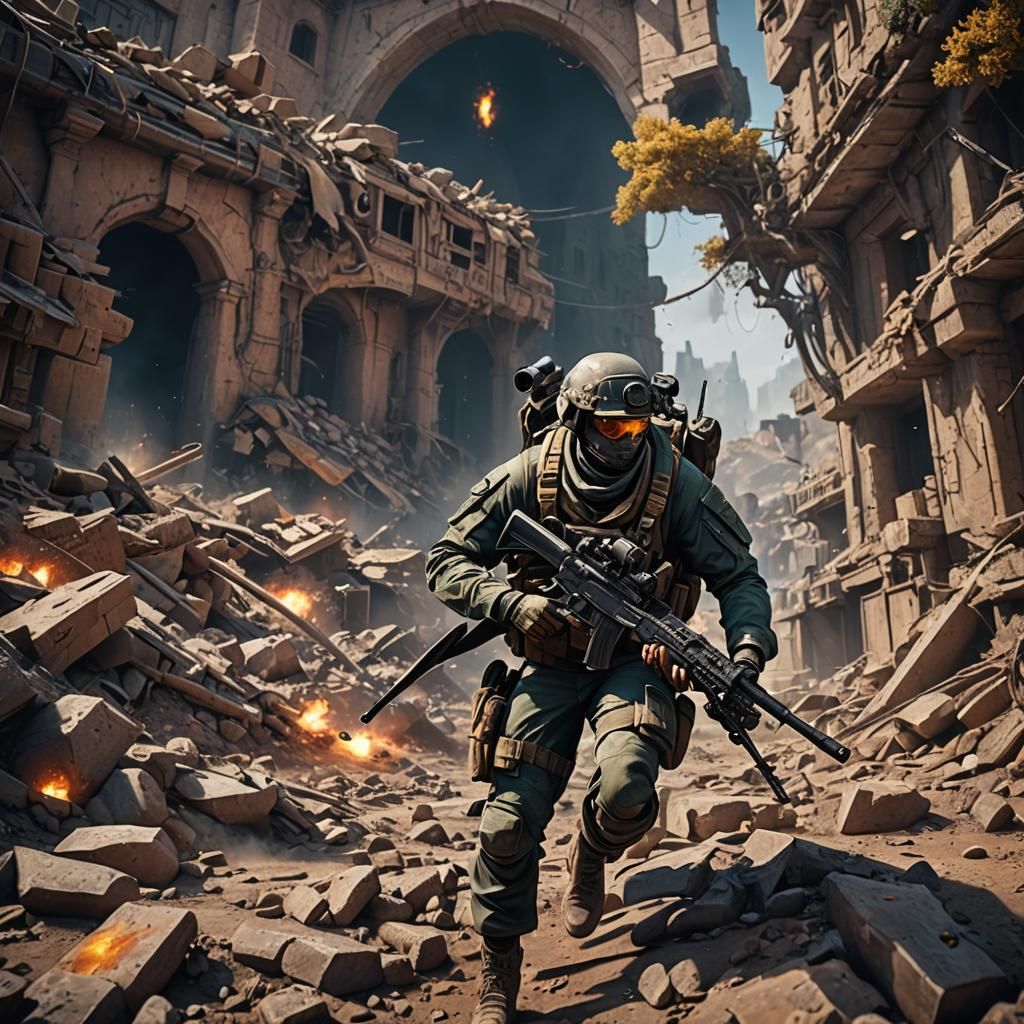 Bomb Attack Sniper Soldier in Detailed Matte Painting