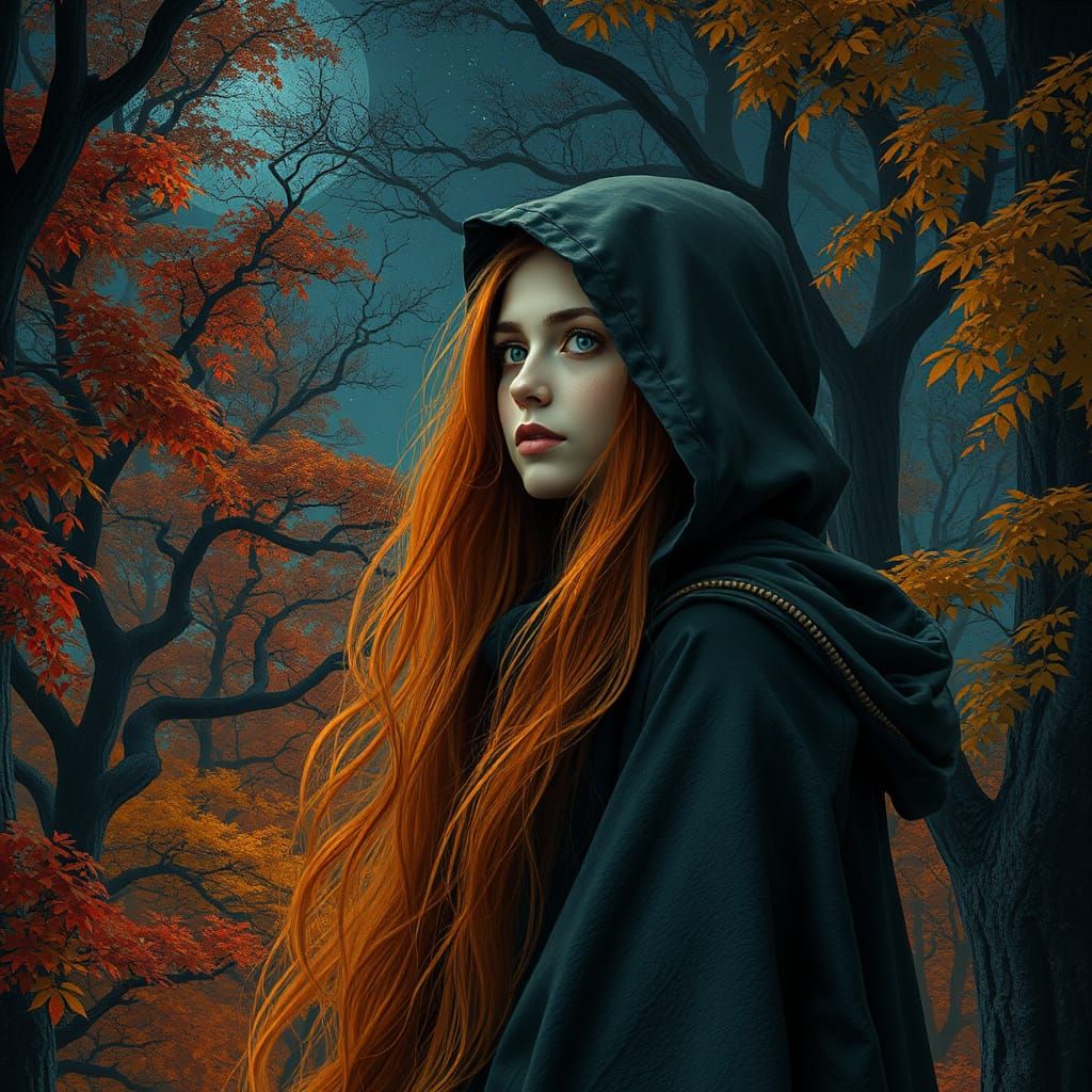 Mystical Woman in Autumnal Starry Landscape