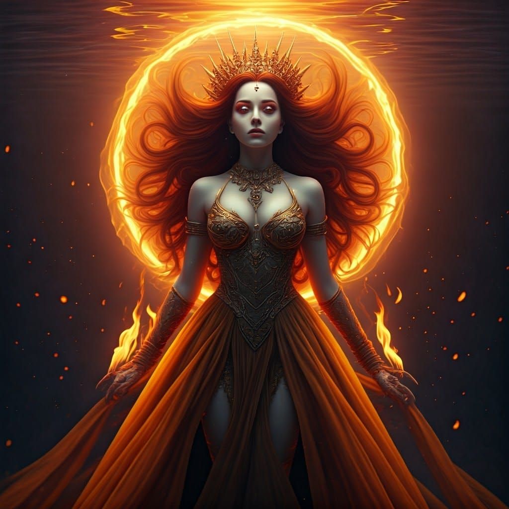 Underwater Fire Queen in Golden Light, Hyperrealism