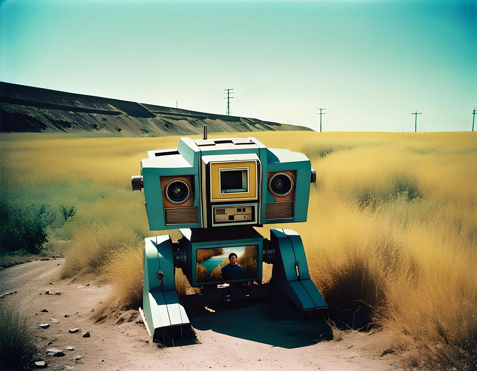 Broken Mascot Mecha in Prairie, 90's Photo Aesthetic