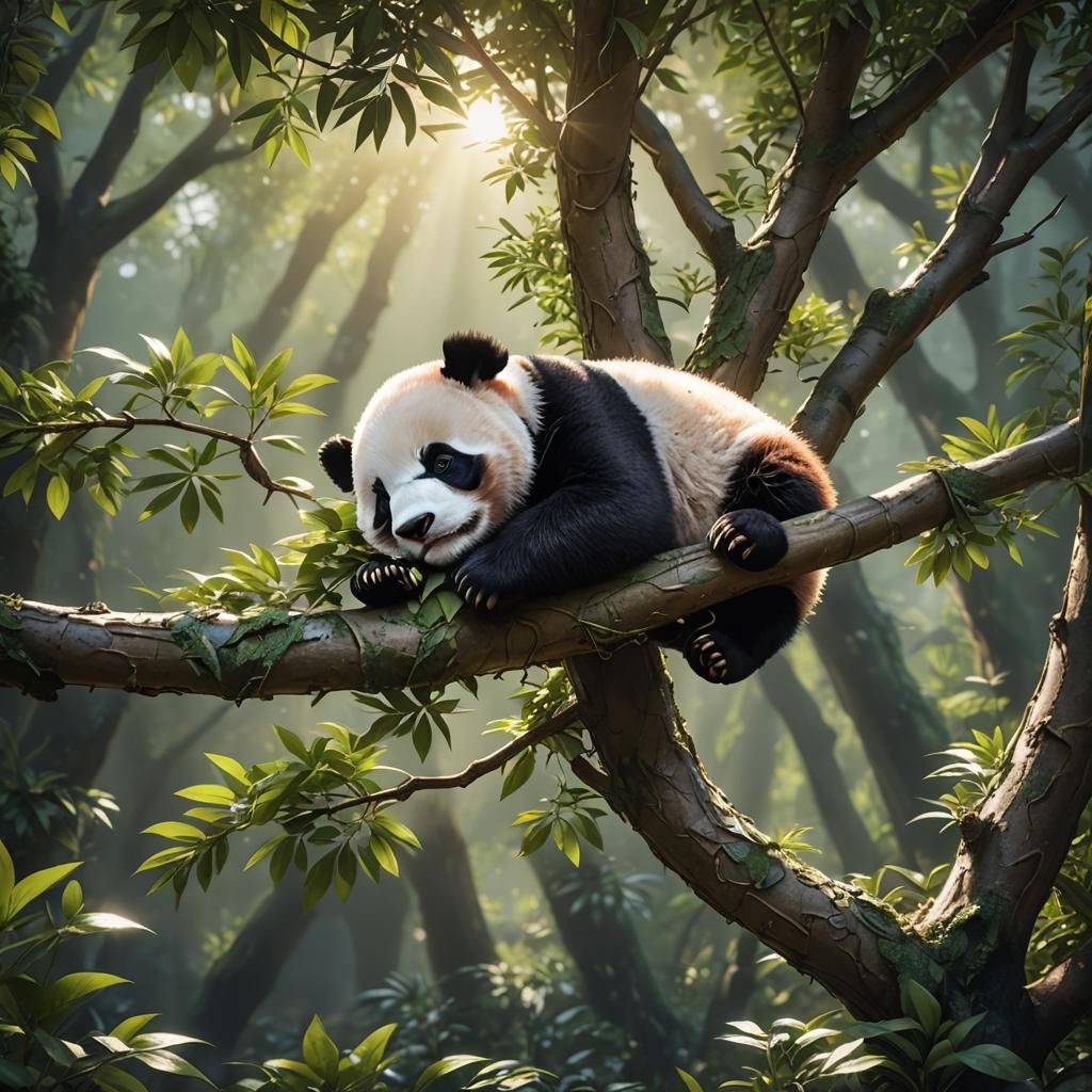 Sleeping Baby Panda in Sunlight: Detailed Matte Painting