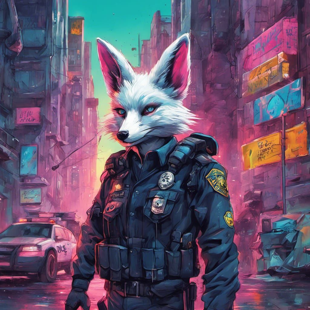 a cyberpunk arctic fox as a police man arresting a cyberpunk rabbit criminal
