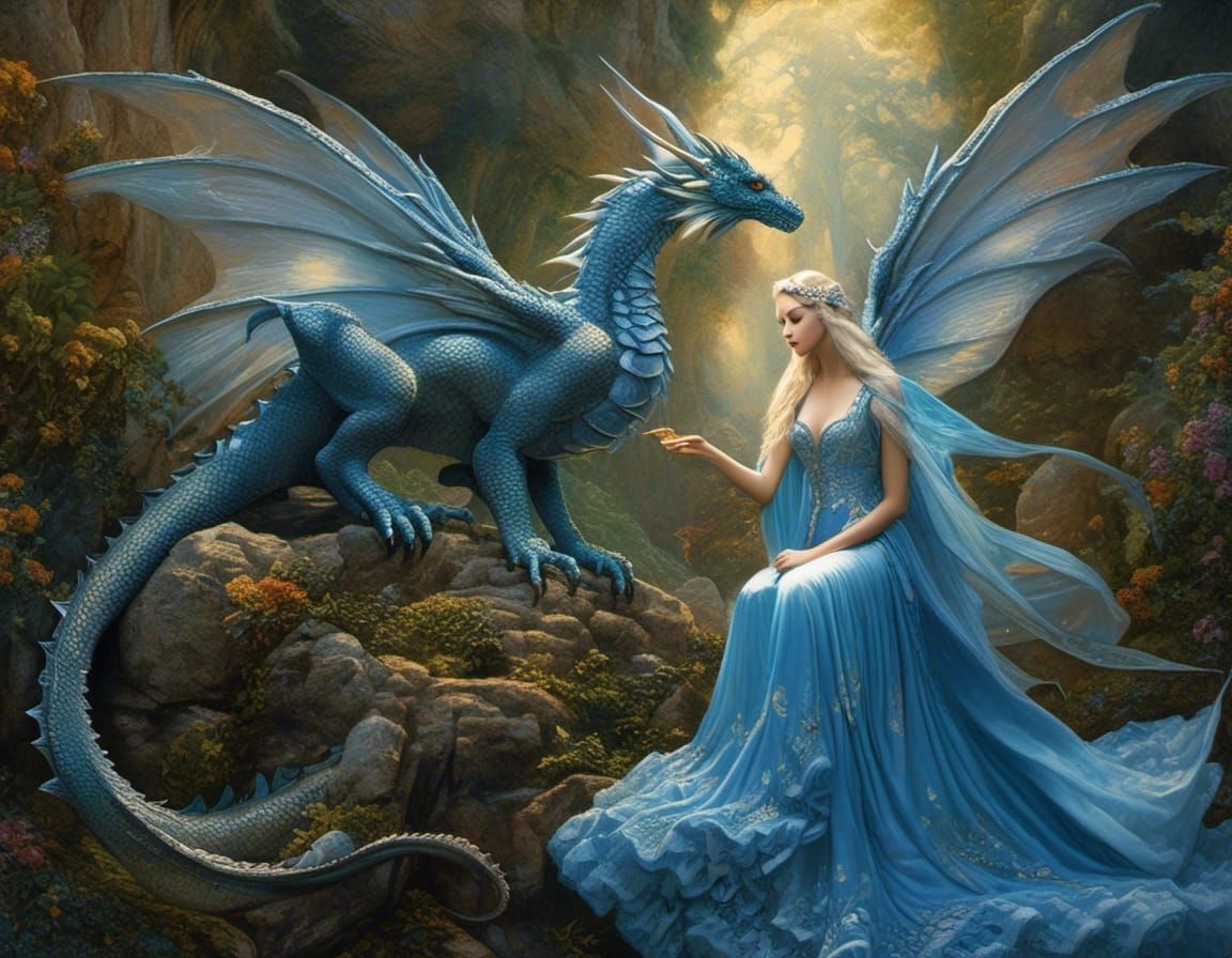 Fairy Feeding Baby Dragon: Baroque Maximalist Art