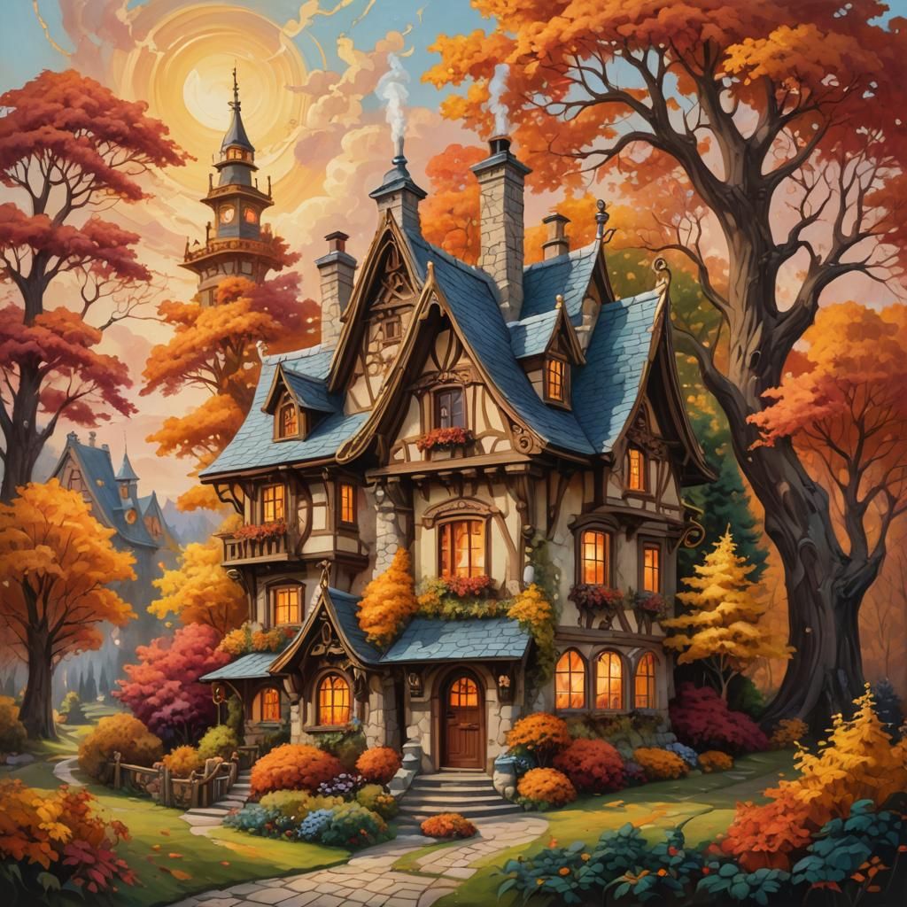 Autumn Fairy Tale Cottage in Oil Painting Style
