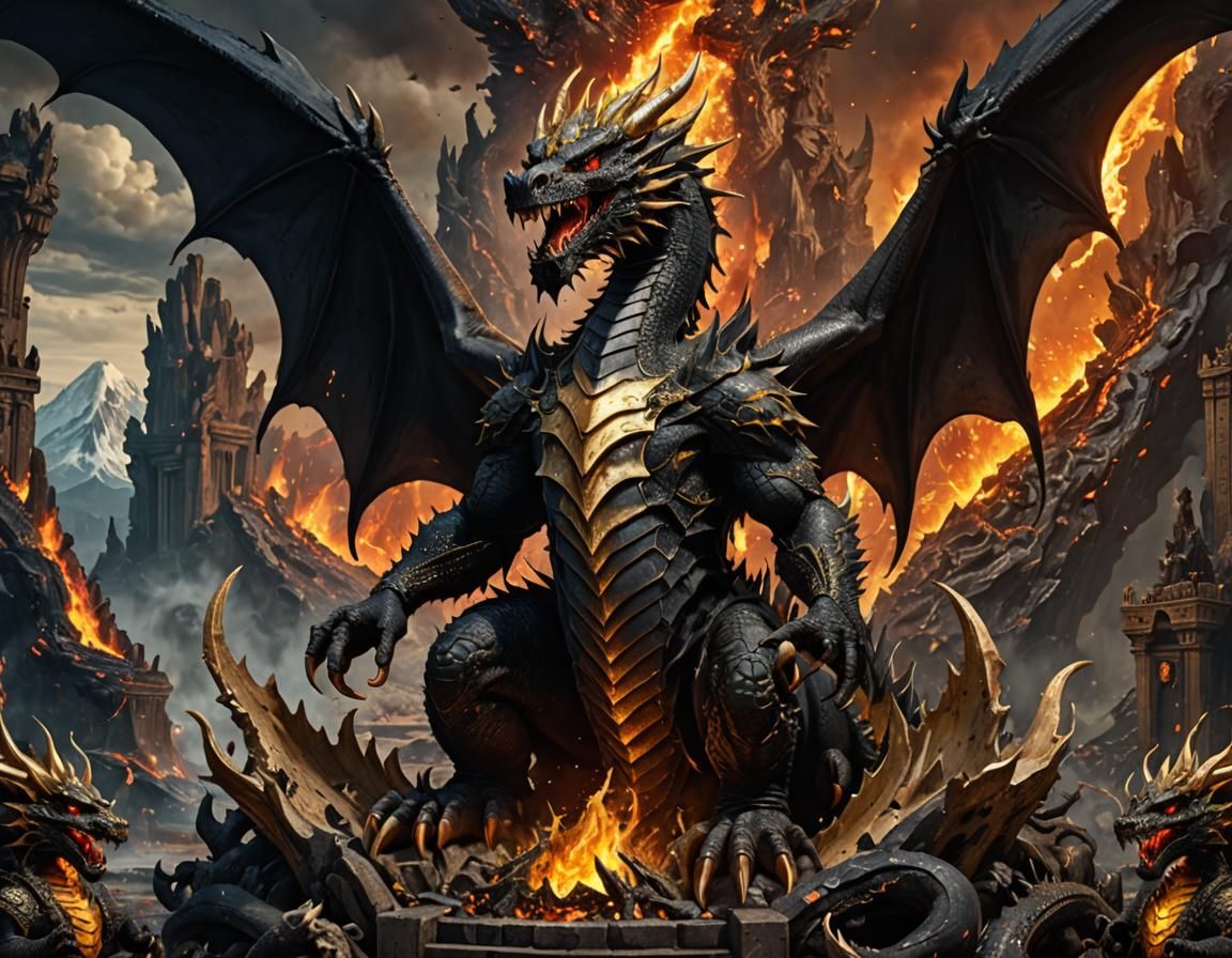 Black Dragon King on Bone Throne, Fantasy Art