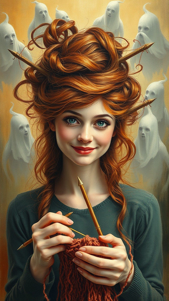 Woman Knitting Away Voices in Surreal Oil Painting