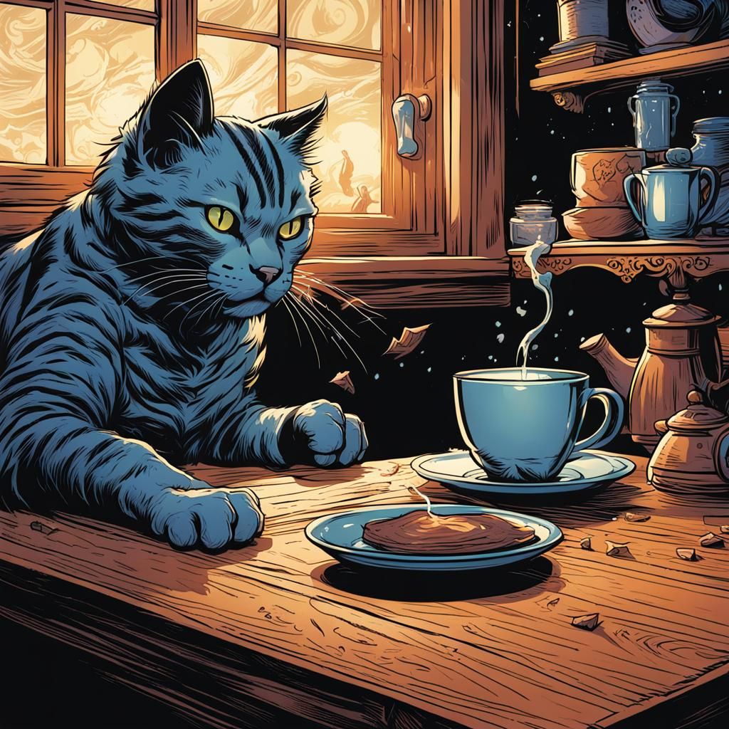 Cat Mischief: Cup Chaos in Comic Book Art