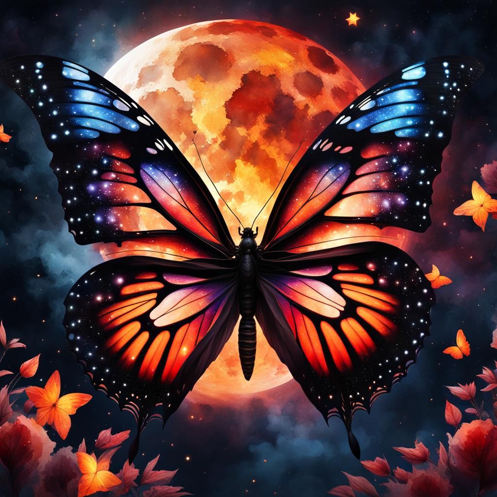 Mystical Fiery Butterfly Under Moon in Watercolor Style