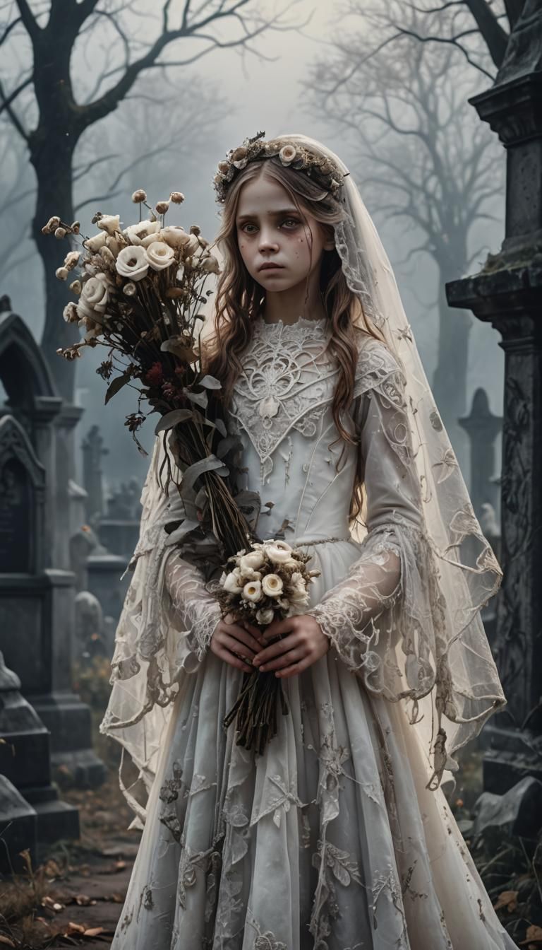Ghost Bride Portrait in Graveyard, Detailed Matte Painting