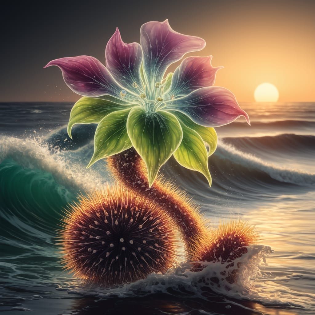 Mysterious Flower Meets Oceanic Splendor in Vibrant Brush St...