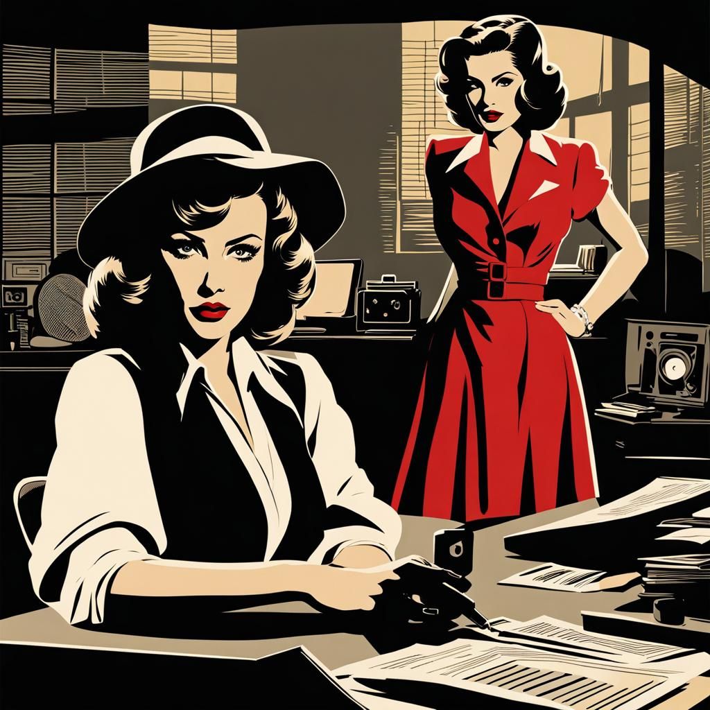 Film Noir Femme Fatale on Detective's Desk