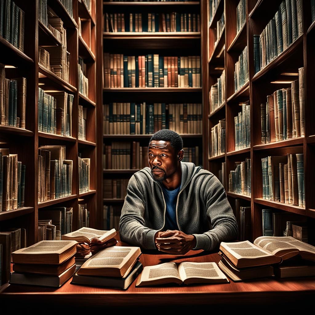 Absorbed Reader in Library: Digital Art Portrait