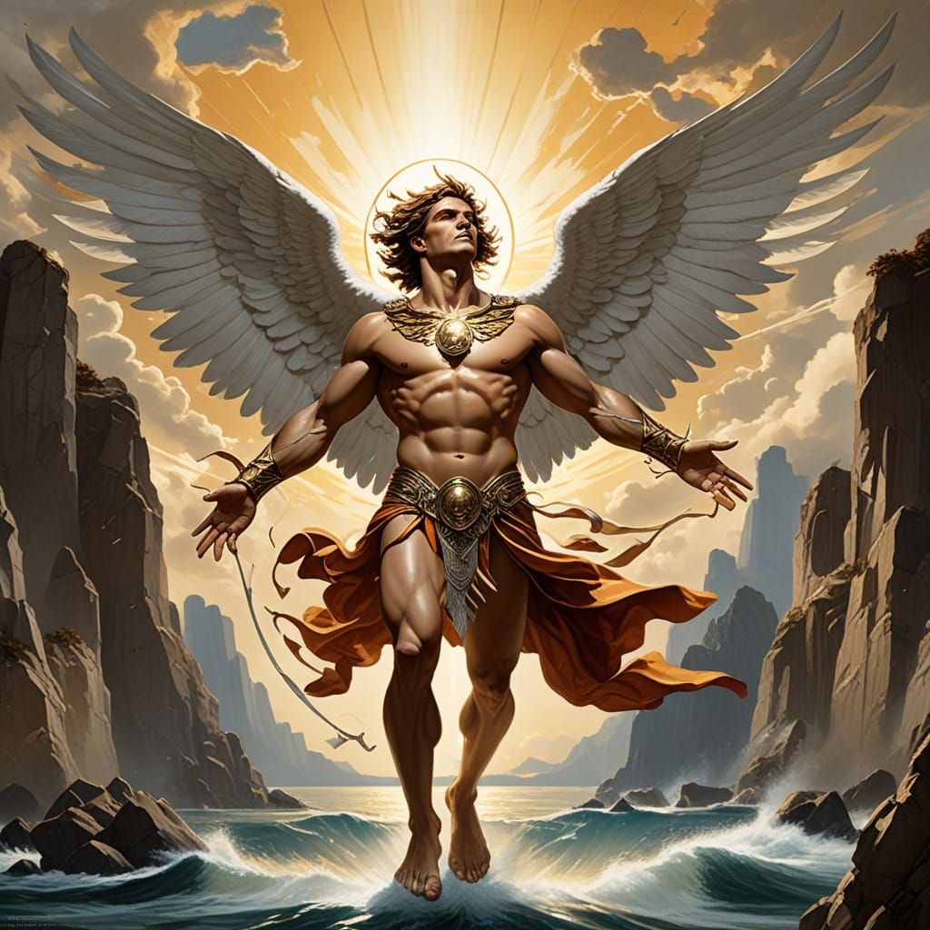 Winged Figure Soaring Through Sky with Arrows