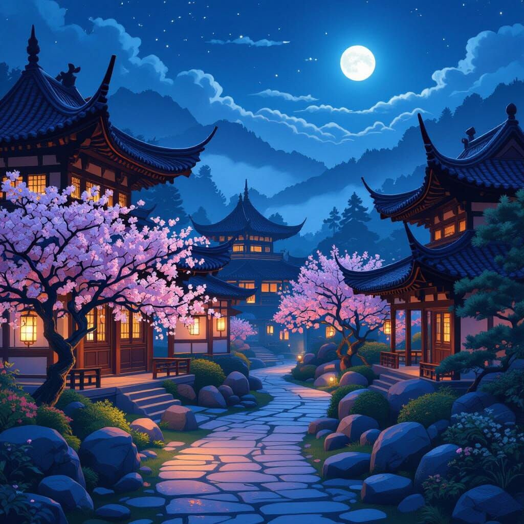 Tranquil East Asian Temple Courtyard at Night