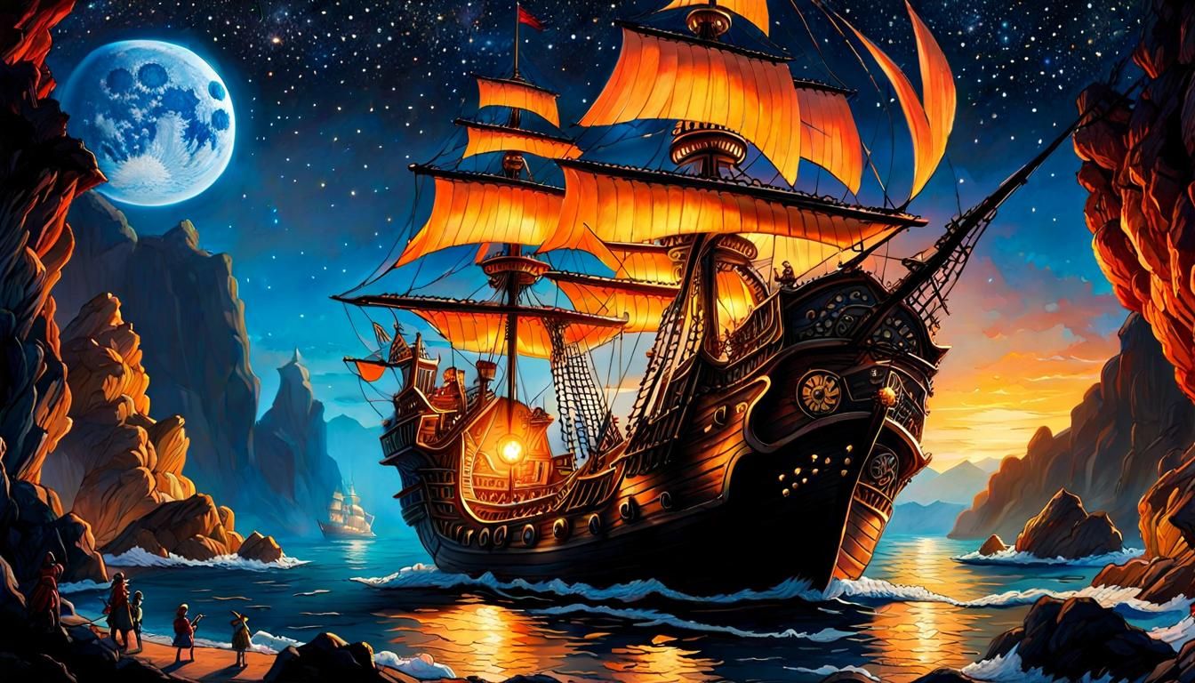 Pirates' Starry Night: Gouache and Watercolor Fantasy