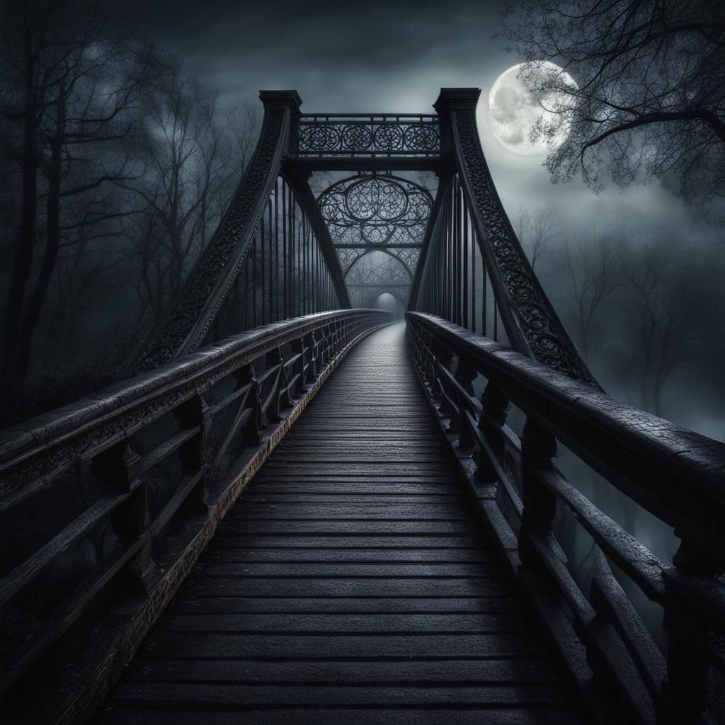 Mysterious Ancient Bridge in Moonlight and Fog