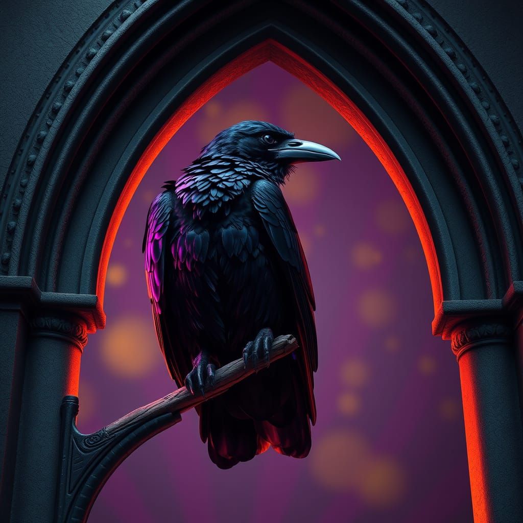 Raven Watching from Gothic Arch in Dark Fantasy Style