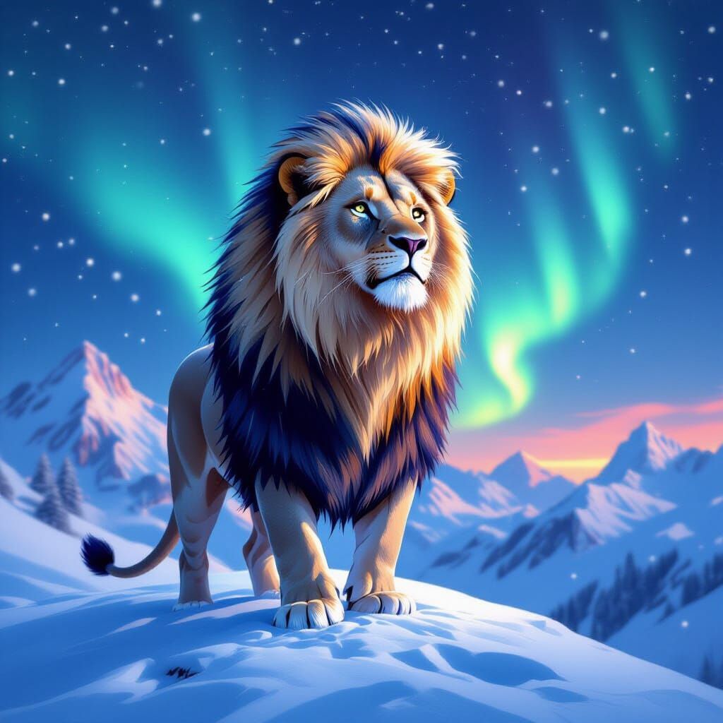 Starlight Lion on Snowy Mountain with Aurora
