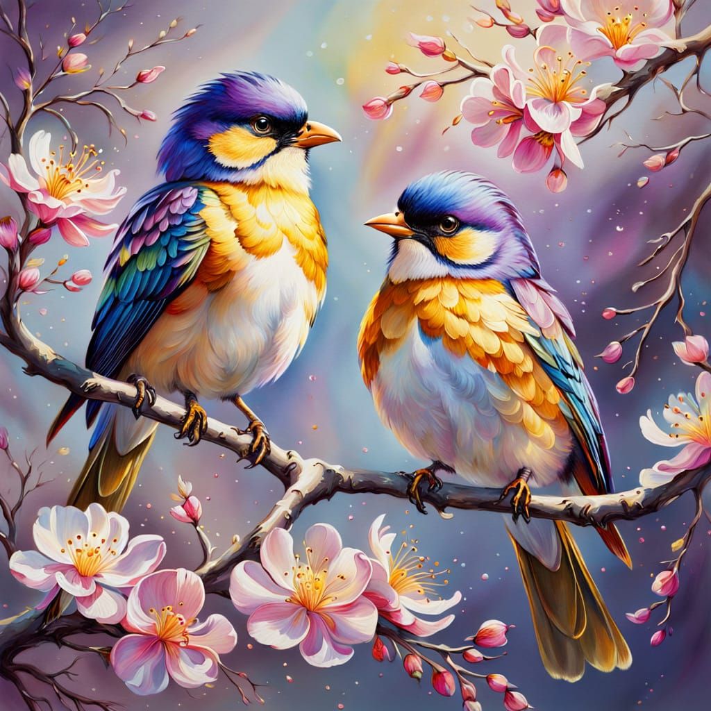 Vibrant Birds on Blossoming Branch in Painterly Realism