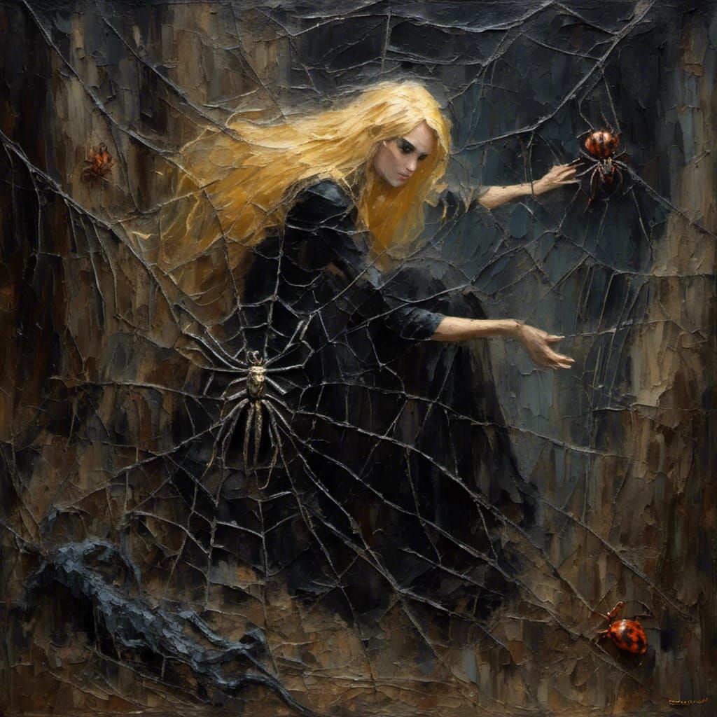 Prince Entangled in Spider-Fairy's Web as Impasto Painting