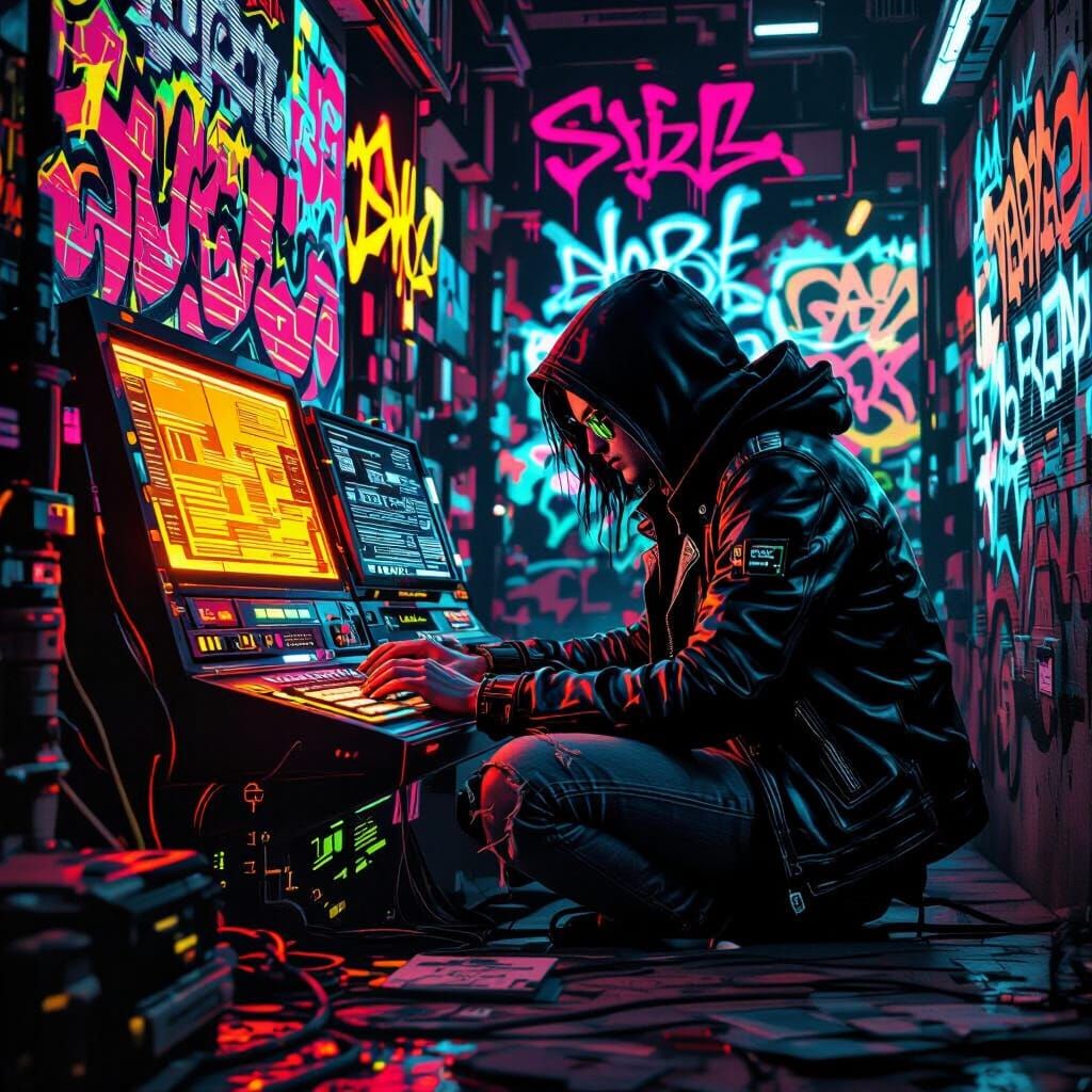 Cyberpunk Hacker in Dark Room with Neon Graffiti