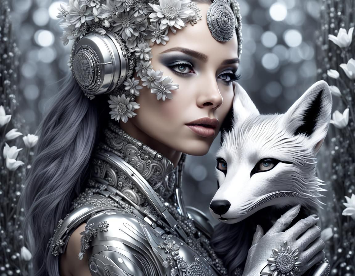 Monochromatic Silver Cyborg Woman with Fox