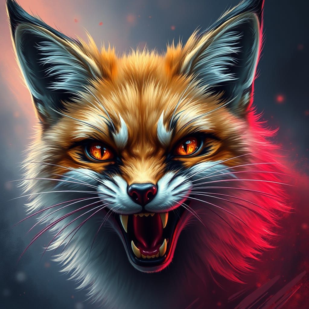 Hyperrealistic Fox with Fangs and Colorful Background