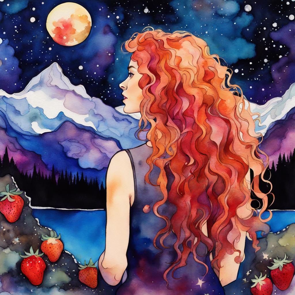 Female with Very Long Flowing  Strawberry Blonde Curly Hair,...