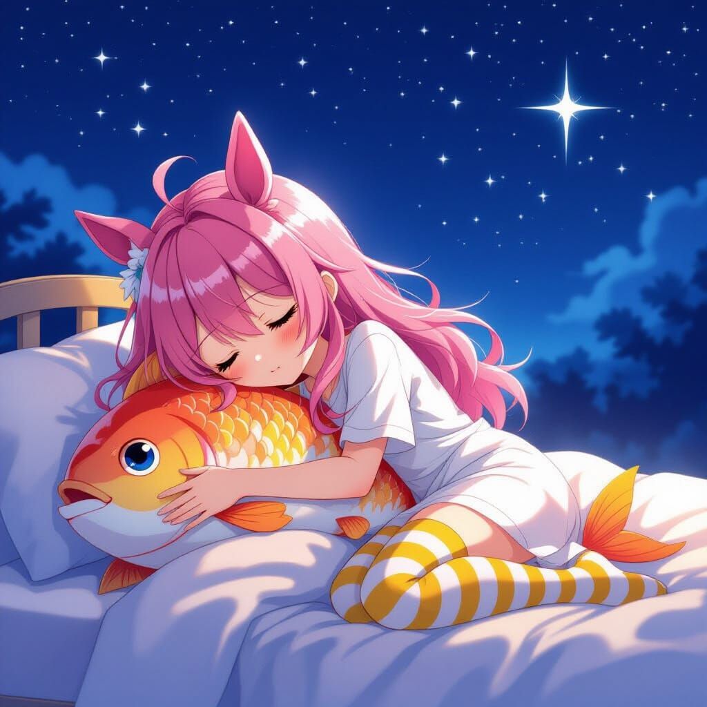 Anime Girl with Horse Ears Sleeping Under Stars