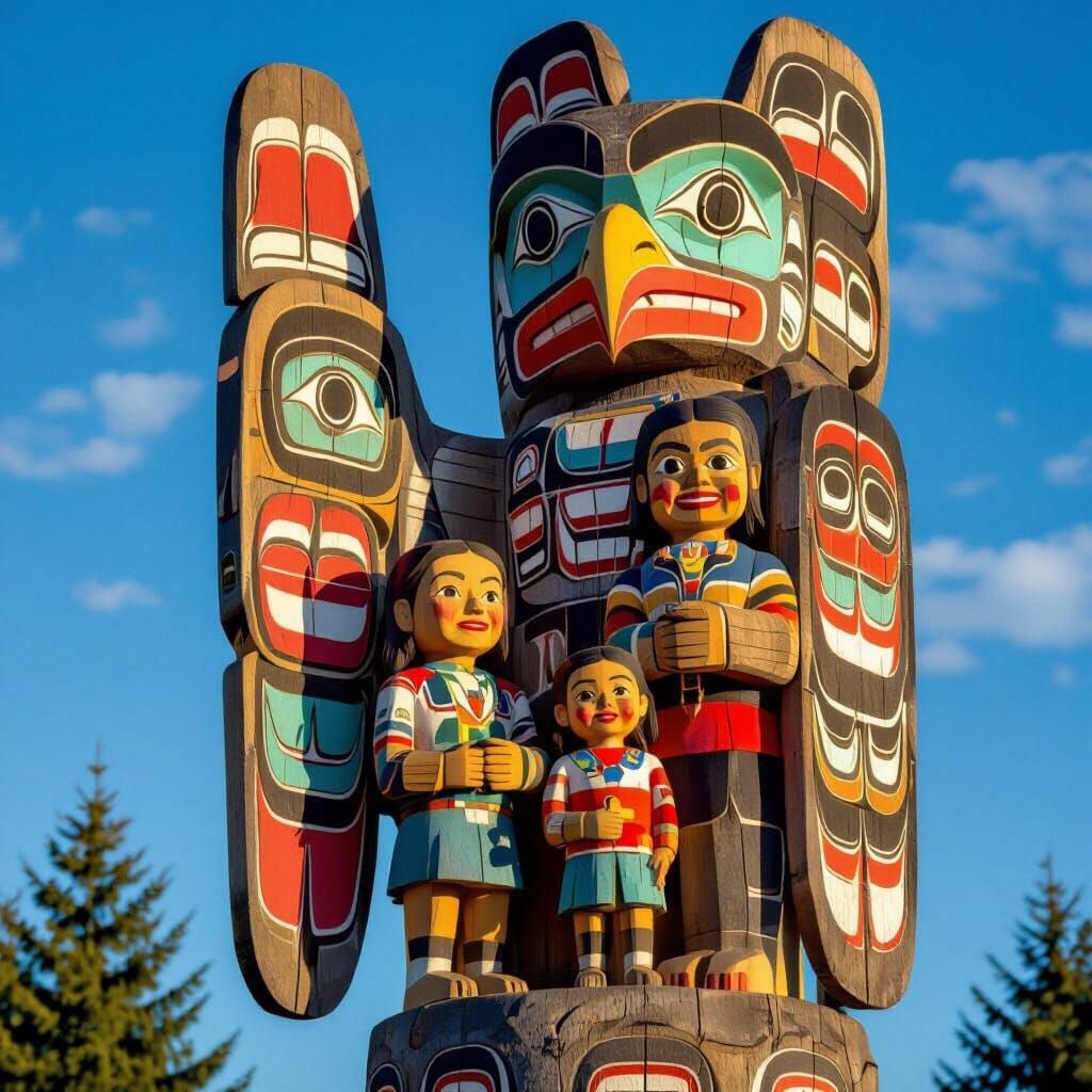 Vibrant Totem Pole of Grandchildren in Pacific Northwest Sty...