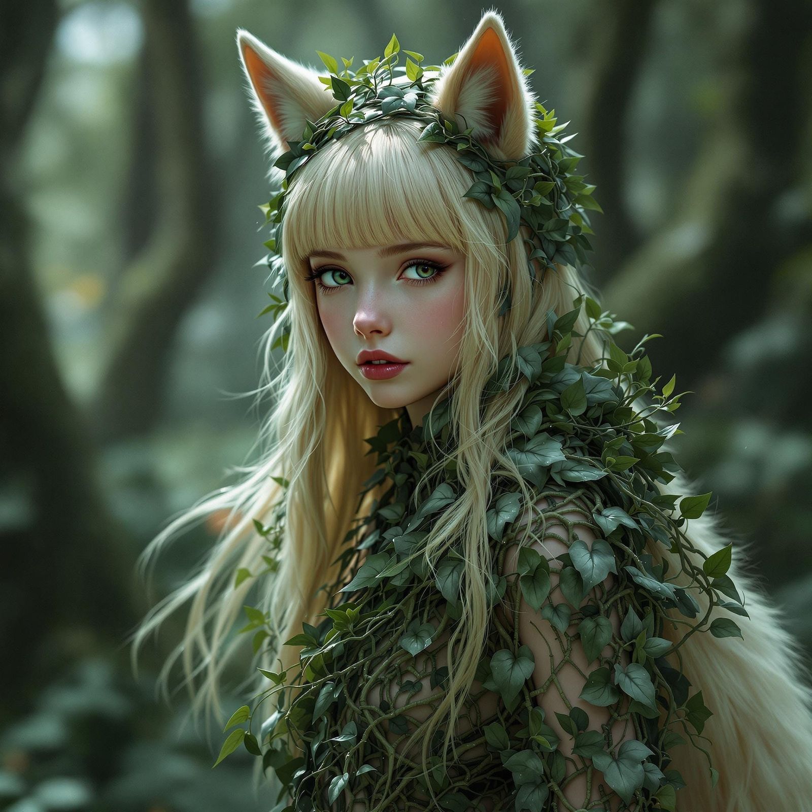 Fantasy Girl with Leafy Garment and Wolf Ears in High-Fantas...