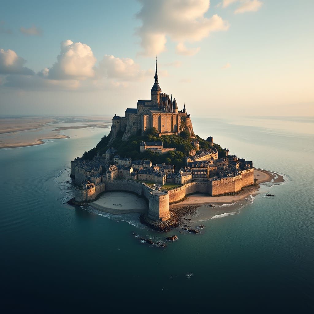 Mont Saint-Michel in Sea: Multiple Views in Golden Hour Ligh...