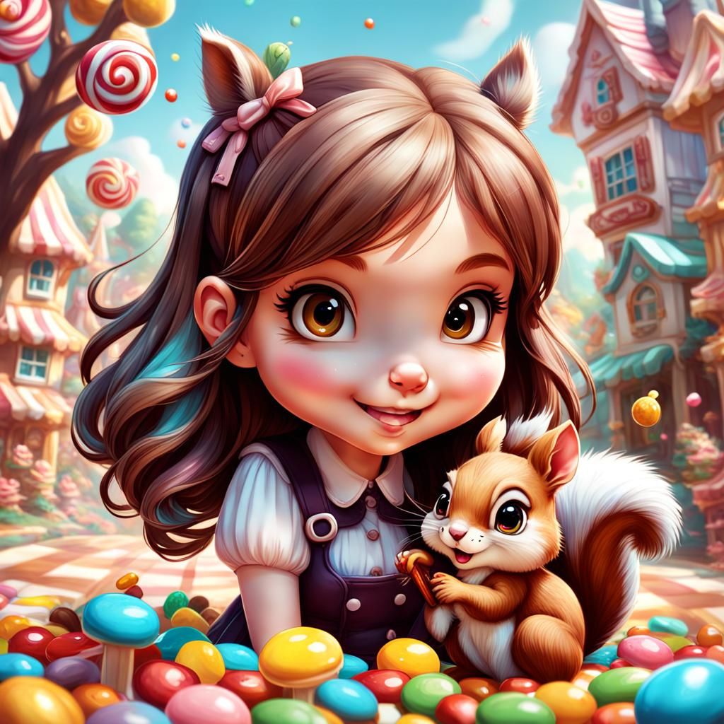 Chibi Girl and Squirrel in Candy Land