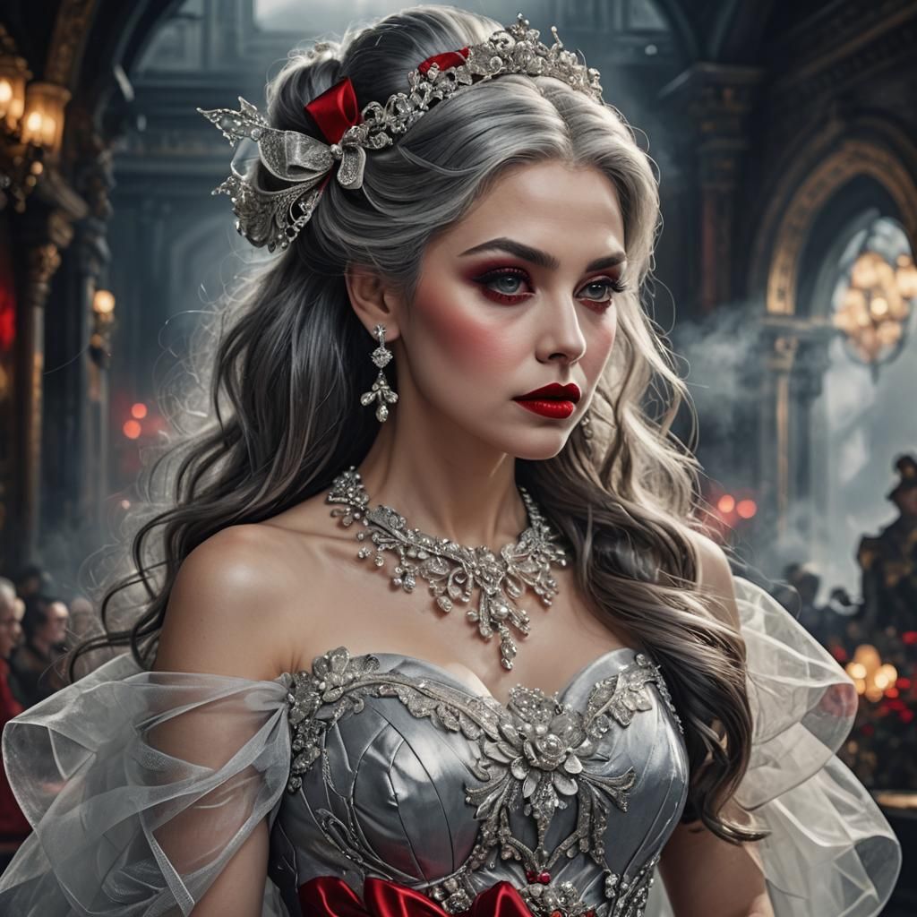 Stunning Woman with Grey Hair and Red Dress