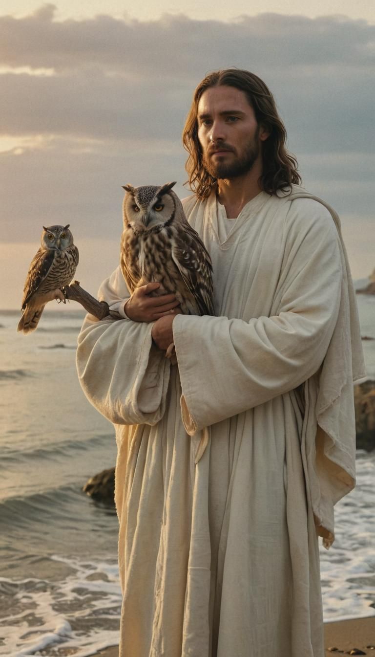 Jesus with Owl at Seaside in Cinematic Style