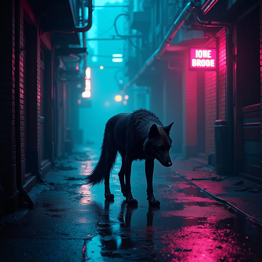 Cyborg Wolf in Neon Noir Alleyway