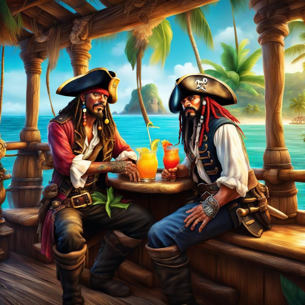 Pirates Relaxing at a Tiki Bar in Hyperrealism
