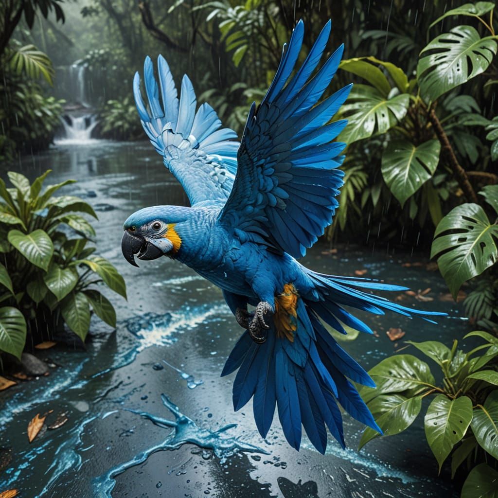 Hyper-Realistic Blue Parrot Flying Over Jungle River