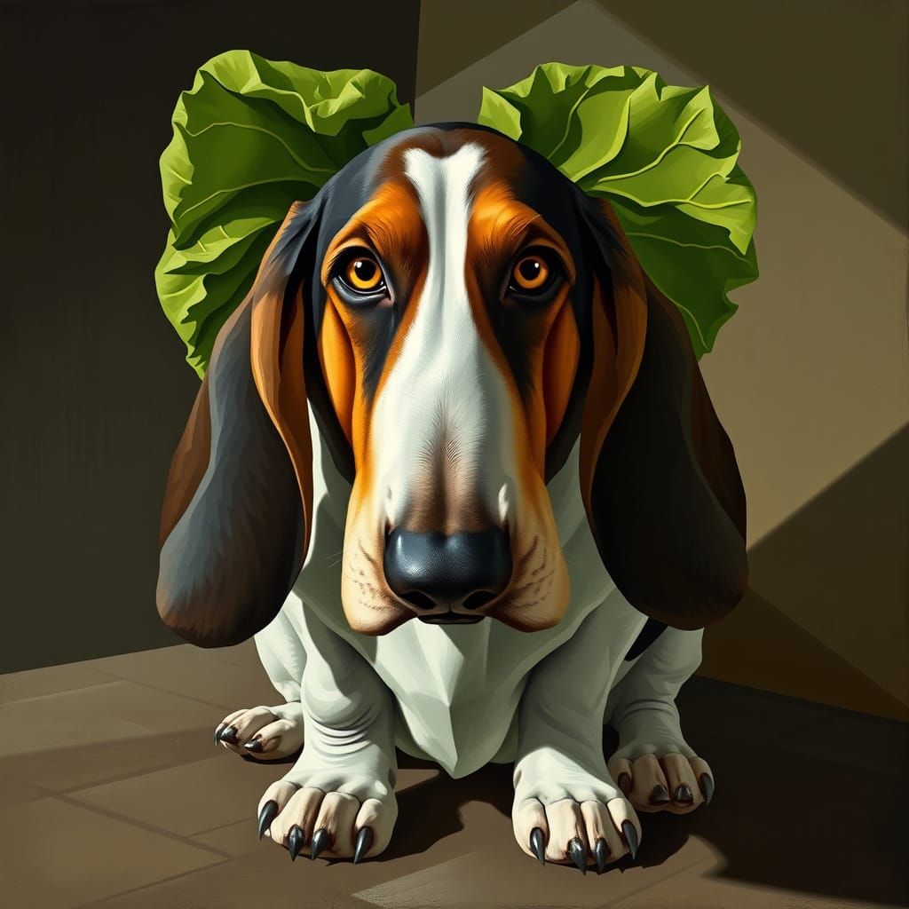 Sad Basset Hound with Lettuce Ears in Cubist Style